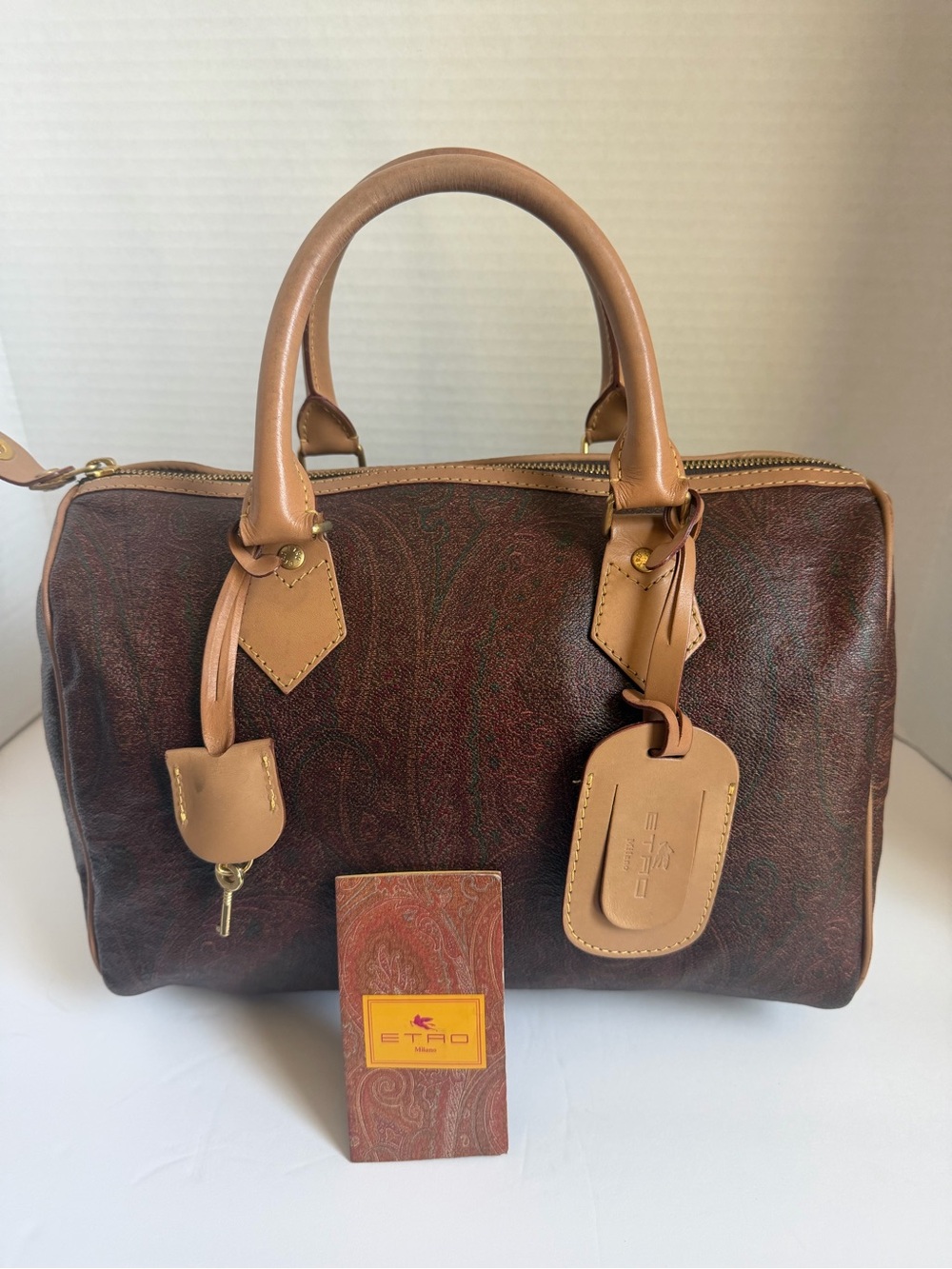 Etro Brown Paisley Canvas Duffel with Tan Leather Trim